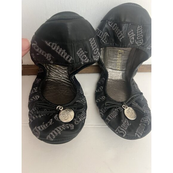 Juicy Couture Foldable/Packable Black Ballet Flats Embroidered Logo Sz 7 - Picture 1 of 8